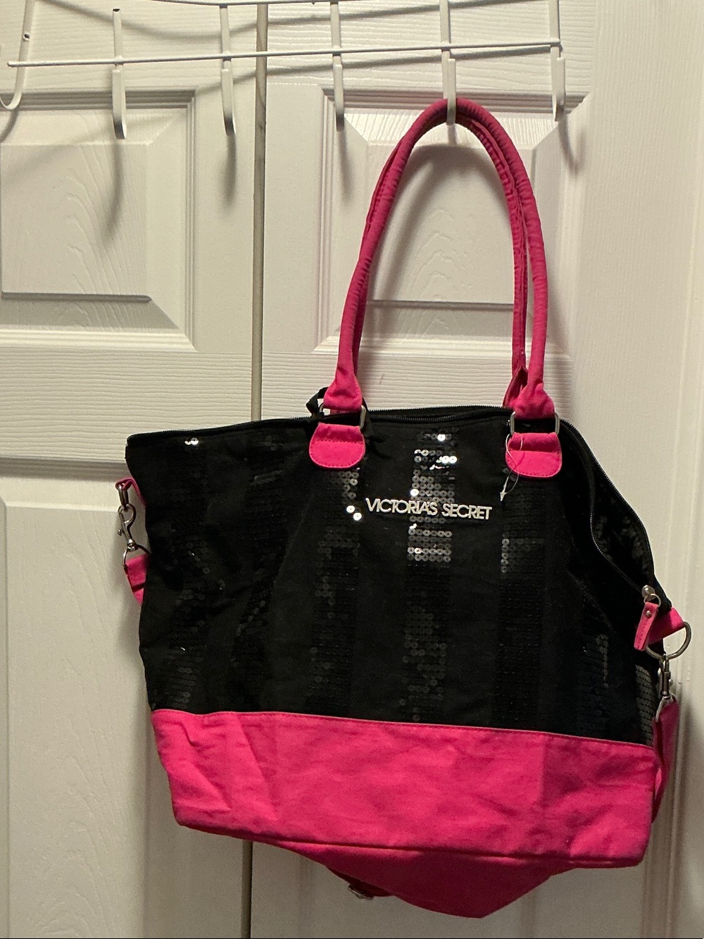 Victoria's Secret Black and Hot Pink Sequin Tote Bag